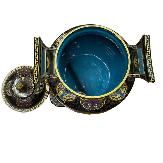 Antique Chinese Qing Dynasty Cloisonne Censer Ding Lidded Incense Burner 1870 For Sale - Image 10 of 12