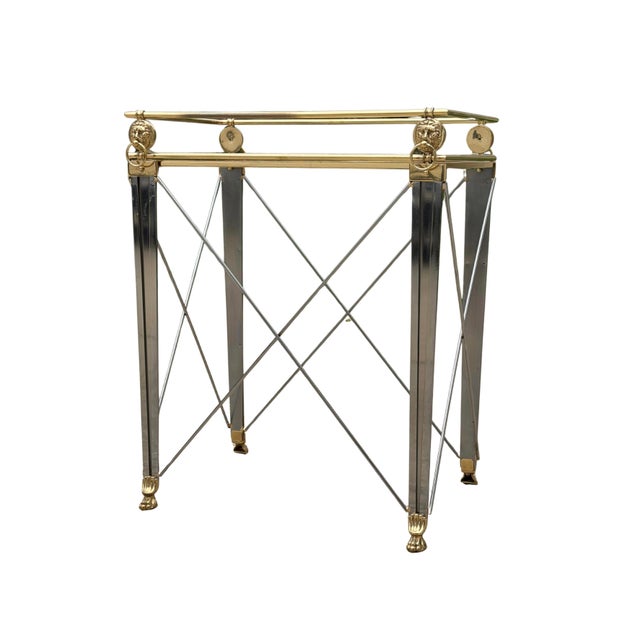 Vintage Maison Jansen Style Hollywood Regency Accent Table | French Neoclassical Brass Lion Head & Paw Feet | Glass Top Side Table For Sale - Image 6 of 15