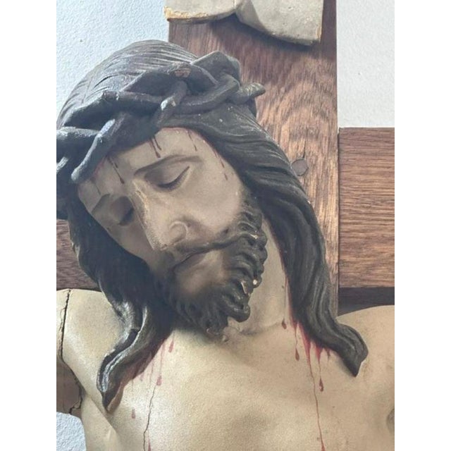 Beige Antique Polychrome Wooden Crucifix, 1890s For Sale - Image 8 of 18