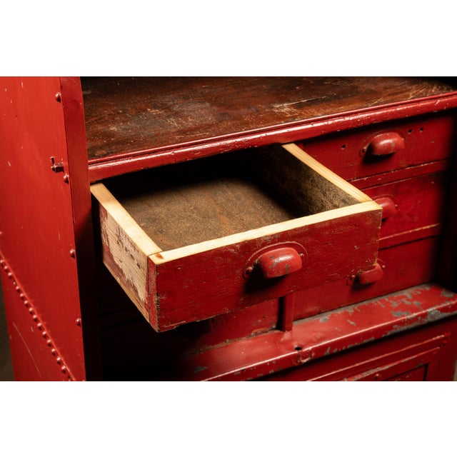 Vintage Industrial Wood and Steel Wheeled Workshop Cabinet For Sale - Image 10 of 11