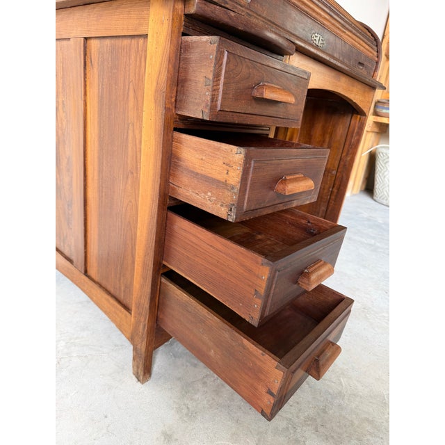 Antique Early 20th Century Solid Wood Roll Top Desk With Drawers & Interior Organizer For Sale - Image 4 of 11