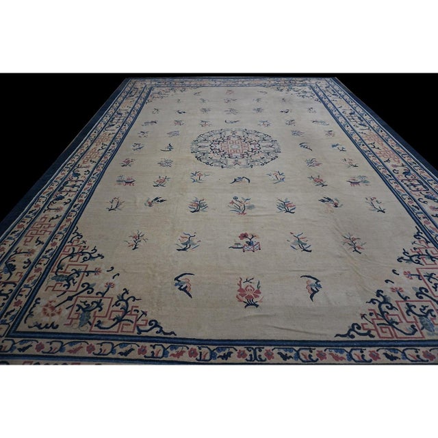 Beige 1920s Beige Large Deco Floral-Medallion Pattern Antique Chinese Peking Rug For Sale - Image 8 of 9