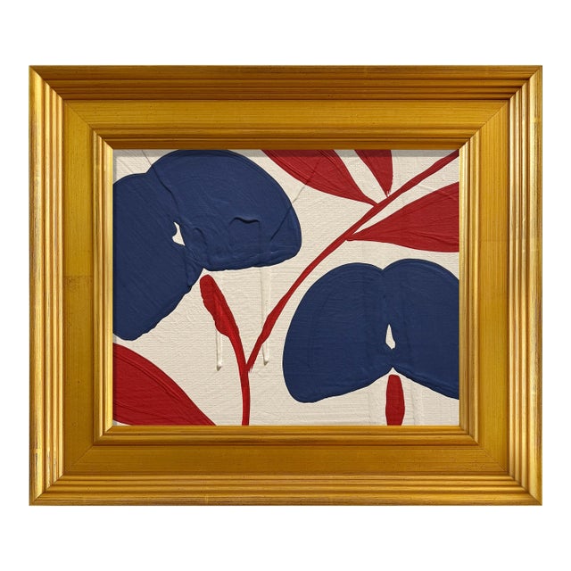 Ron Giusti Mini Tsubasa Orchid Cream Navy Acrylic Painting For Sale