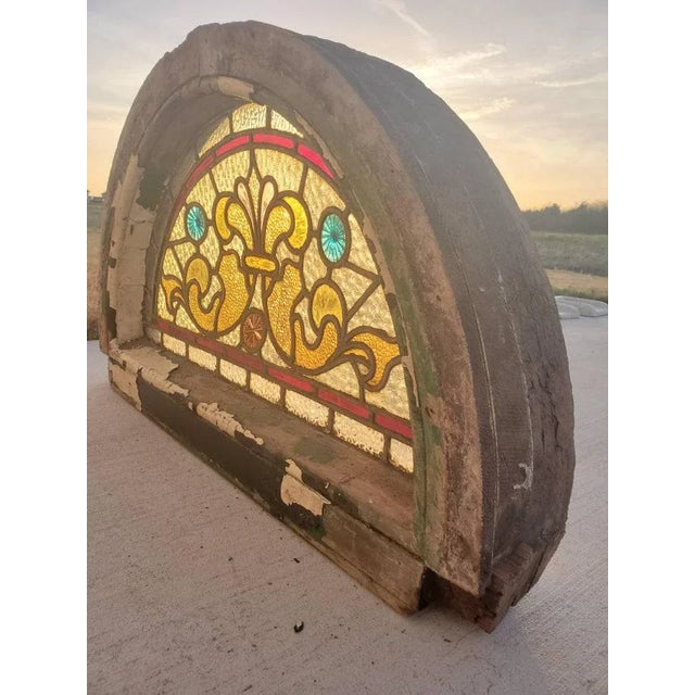 19th Century Victorian Era Architectural Salvaged Stained Glass Panel Transom Fanlight Window in Original Arched Wooden Frame For Sale In Dallas - Image 6 of 13