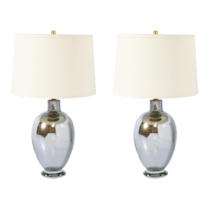 Modernist Hand-Blown Mercury Blue Murano Glass Table Lamps With 24k Gold Flecks