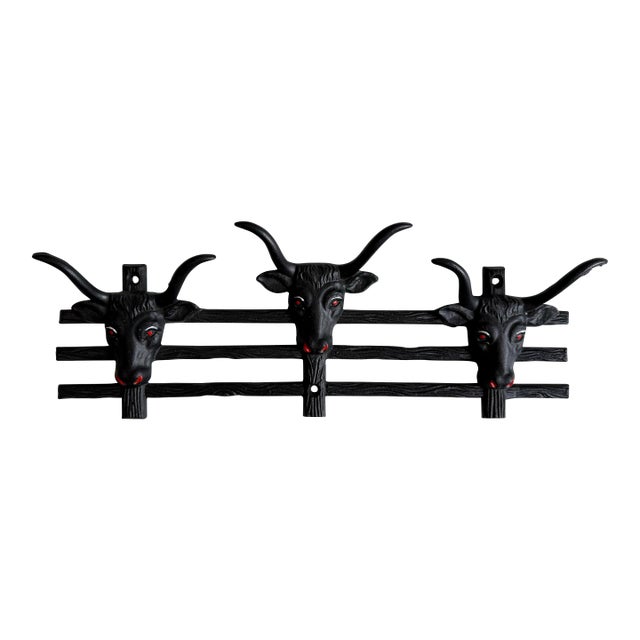 Vintage Western Long Horn Bull Iron Wall Coat Rack For Sale
