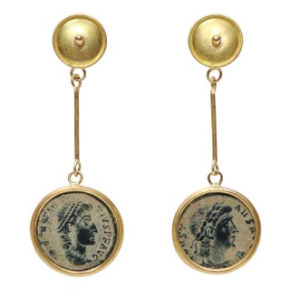 Bronze Roman Coins as Earrings With 21k Gold, a Pair For Sale