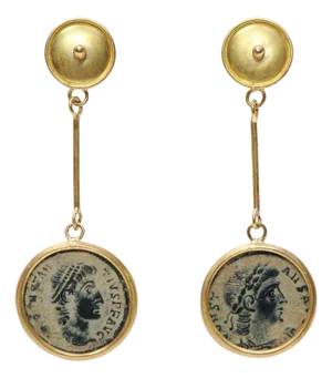 Bronze Roman Coins as Earrings With 21k Gold, a Pair