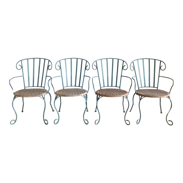 Vintage Verdigris Iron And Woven Rattan Dining Or Patio Chairs Set Of Four Chairish