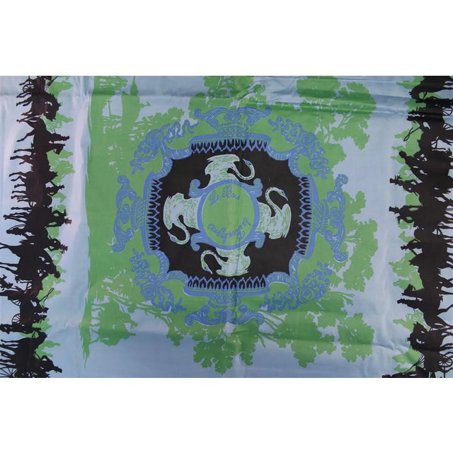 Vintage Green & Blue Longchamp/ Bagatelle Equestrian Print 'Glazed' Fabric For Sale