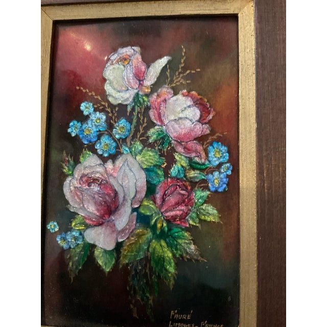 Camille Faure Limoges decorative enamel plaque of pink roses and blue accent flowers. Beginning in 1925 he began...