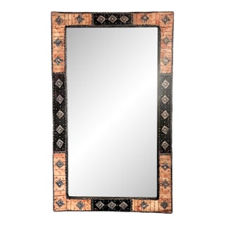 Large Moroccan Rectangular Wall Mirror, Expresso Brown Wood, Orange With Silver Embellishments For Sale