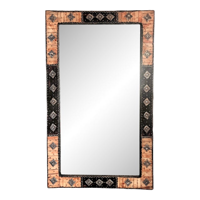 Large Moroccan Rectangular Wall Mirror, Expresso Brown Wood, Orange With Silver Embellishments For Sale