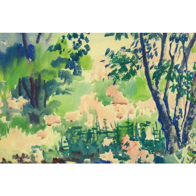 American Vintage Marjorie Very American Watercolor Pointillist Painting of a Wooded New England Landscape For Sale - Image 3 of 7