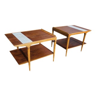 Pair of 1960s Lane Cosmopolitan Walnut & Tile End Tables With Shelf For Sale
