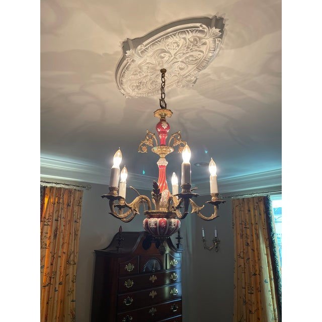 Metal 5 Light Brass and Ceramic Chandlier For Sale - Image 7 of 7