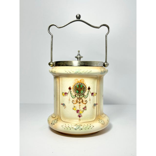 1910s Antique English Crown Devon Cream Ceramic Biscuit Barrel Jar & Lid 6 1/4” Good antique condition. No chips, cracks,...