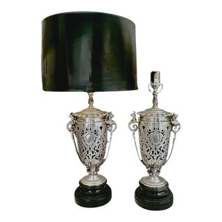 Pair French Silver Plated Neo Classic Griffin Table Lamps For Sale