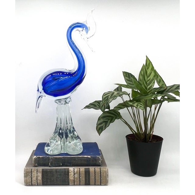 Striking, large-scale vintage art glass sculpture depicting an elegant crested bird, likely a crane or heron. The...