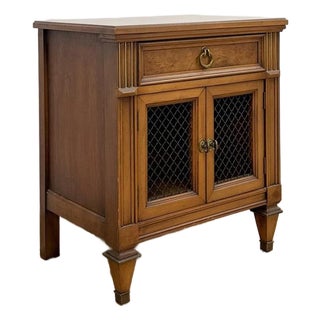 MCM Transitional Nightstand With Iron Grate Doors Single Drawer Vintage Ornate For Sale