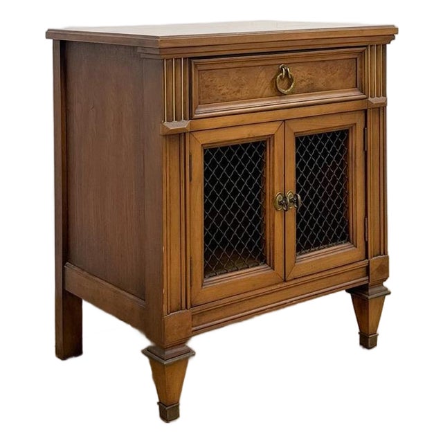 MCM Transitional Nightstand With Iron Grate Doors Single Drawer Vintage Ornate For Sale