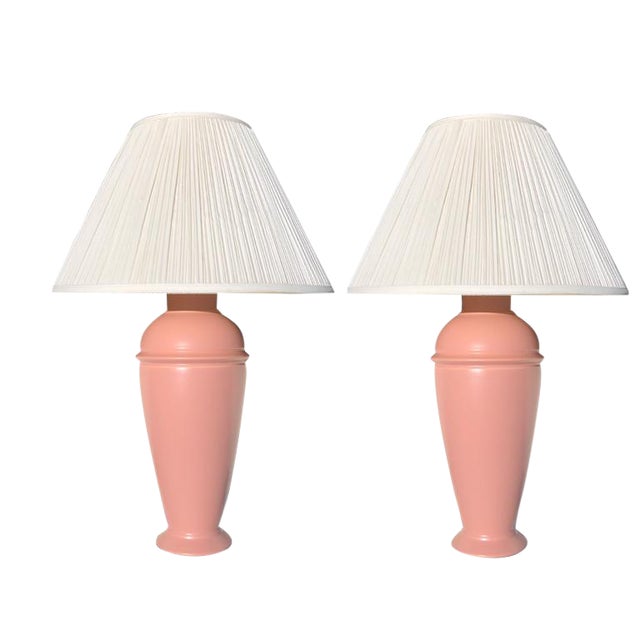 1930s Pink Art Deco Ceramic Table Lamps With Pleated Cream Shade a Pair For Sale