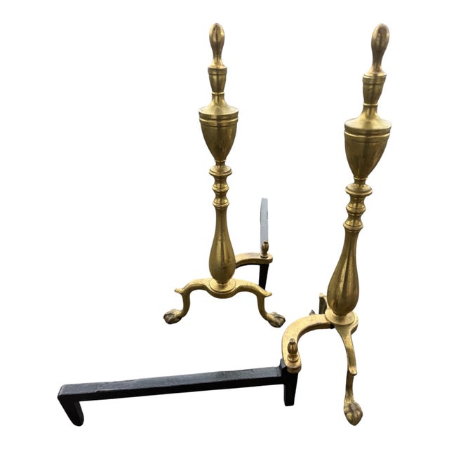 Metal Pair 1920s Antique Brass Andirons Chippendale Claw Ball Feet Fireplace For Sale - Image 7 of 15