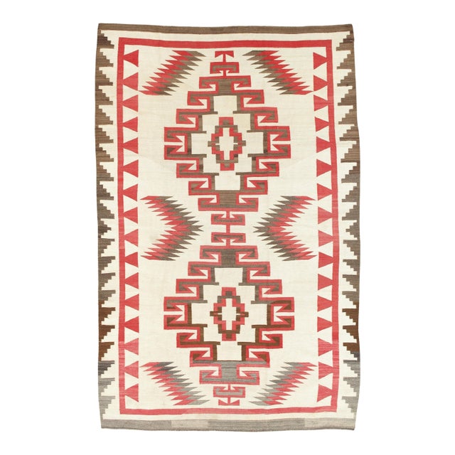 Authentic 1920 Navajo Rug Handwoven Wool Geometric Medallion Design, Red & Ivory For Sale