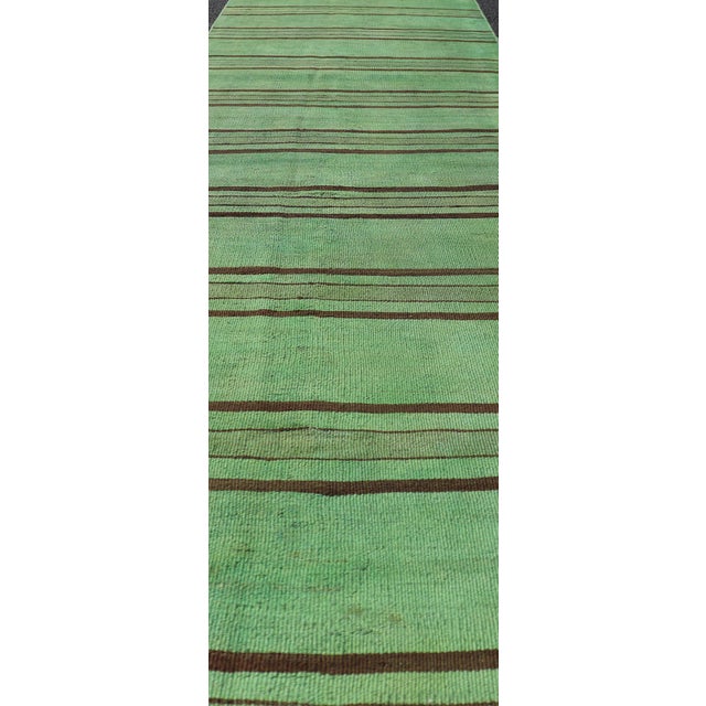 Tribal Vibrant Vintage Turkish Kilim Runner With Green and Brown Stripes 2'9 X 12'1 For Sale - Image 3 of 10