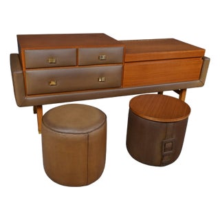 Teak and Nubuck Dressing Table attributed to R. Landault, 1970, Set of 3 For Sale