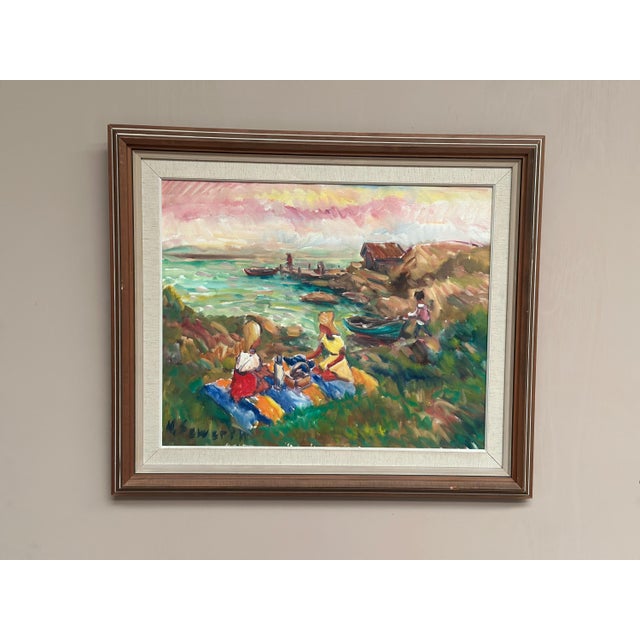 Original Mid Century Swedish Oil on Canvas – “Picnic” by Nils Sewerin – Framed 78 × 67 cm (30.7" × 26.4") A warm and...