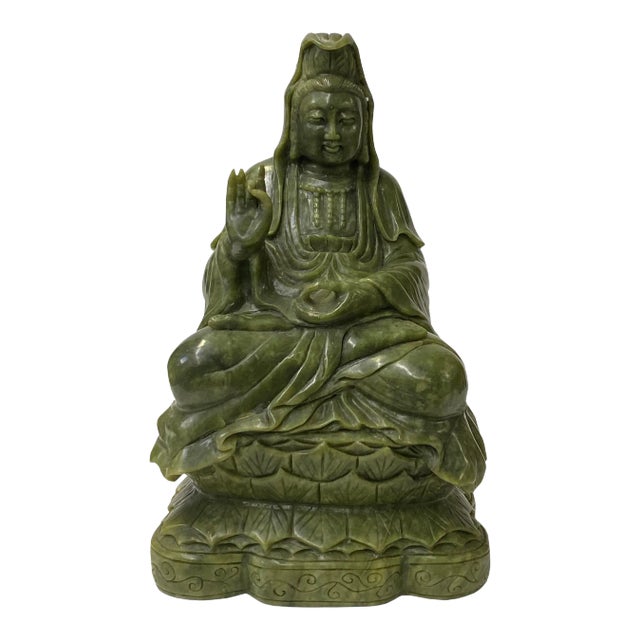 Oriental Green Stone Carved Guan Yin Tara Bodhisattva Avalokitesvara Statue For Sale