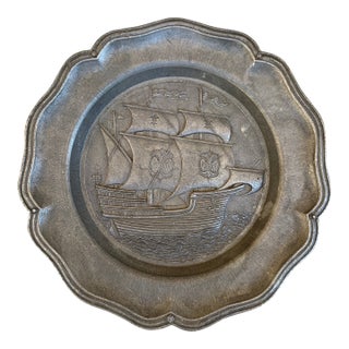 Mid-Century German Pewter Sailing Ship Wall Plate With Heraldic Eagles For Sale