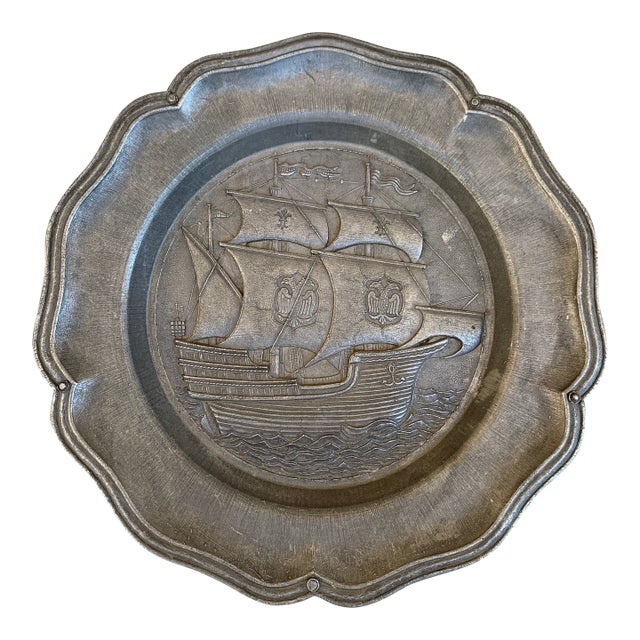 Mid-Century German Pewter Sailing Ship Wall Plate With Heraldic Eagles For Sale
