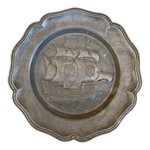 Vintage German Sailing Ship Pewter Wall Plate
