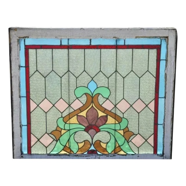 Antique Art Nouveau Stained Glass Blue Green Orange Fleur De Lis Window For Sale