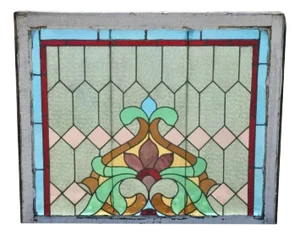 Antique Art Nouveau Stained Glass Blue Green Orange Fleur De Lis Window