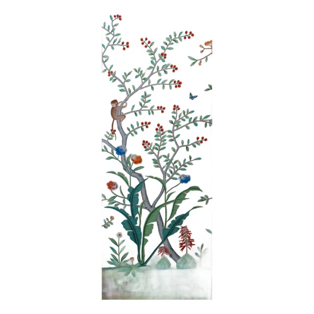 Chinoiserie Tropical Hand-Painted Wallpaper, Blush Pink Background With Floral & Bird Mural For Sale