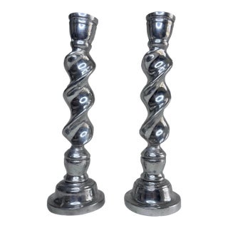 Vintage English Traditional Barley Twist Silver Tone Candlesticks, a Pair For Sale