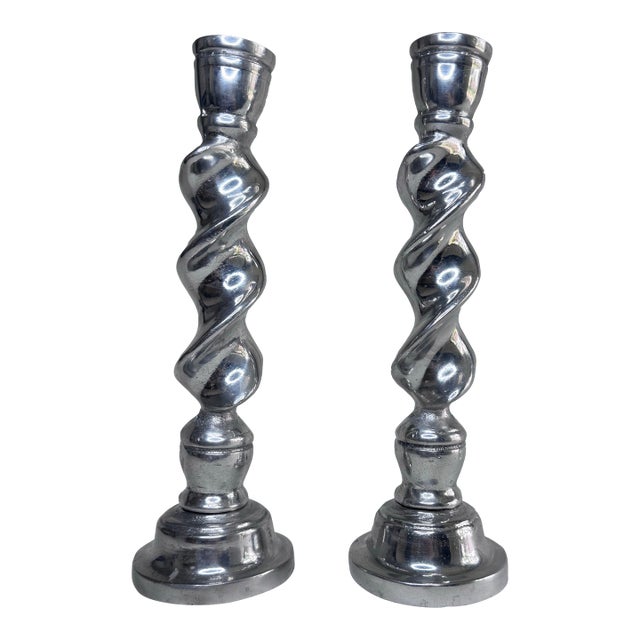 Vintage English Traditional Barley Twist Silver Tone Candlesticks, a Pair For Sale