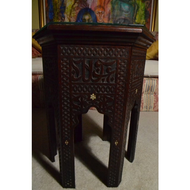 Brown Vintage Authentic Hand Carved Moroccan Side Table Glass Mother of Pearl Inlay For Sale - Image 8 of 9