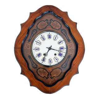 19th Century French Napoleon III Wall Clock, Enamel Face and Wood Marquetry For Sale