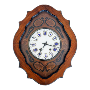 19th Century French Napoleon III Wall Clock, Enamel Face and Wood Marquetry
