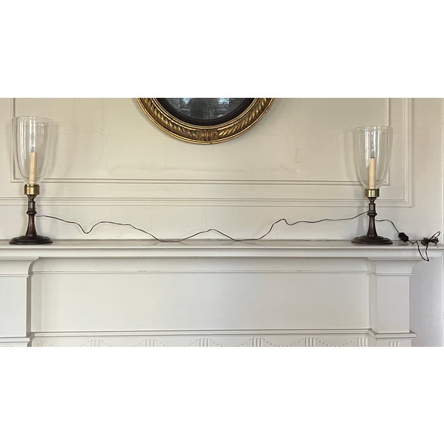 Mid 20th Century Georgian Style Mahogany & Brass Candlestick Lamps With Hurricane Shades - A Pair For Sale - Image 5 of 18