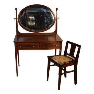 1900s Antique English Hepplewhite Mahogany Inlaid Vanity Desk Mirror and Chair For Sale