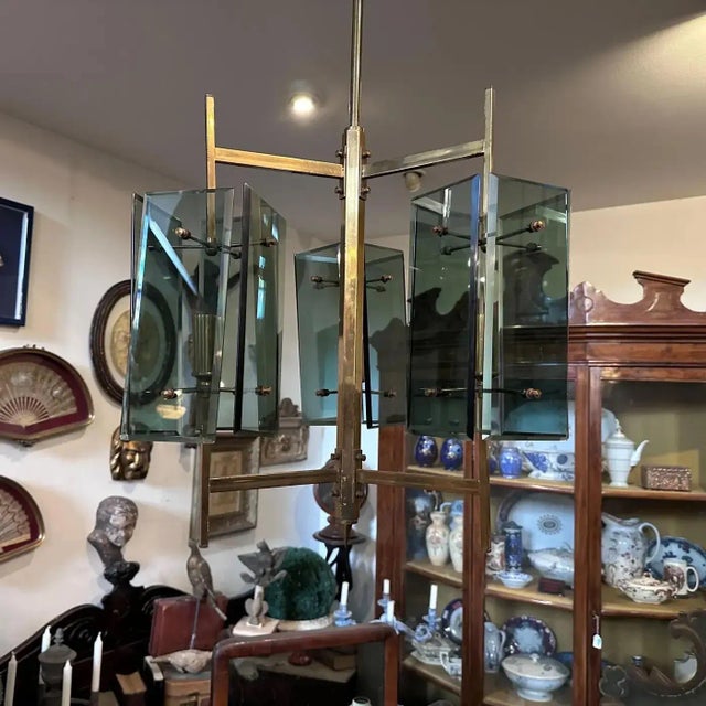 1970s Cristal Arte Mid-Century Modern Brass and Green Glass Italian Chandelier For Sale - Image 11 of 12