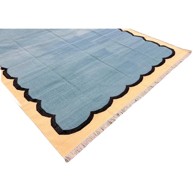 Handmade Cotton Scalloped Edge Rug, Teal Blue, Black and Cream Bordered Dhurrie- 12'x15' For Sale - Image 6 of 13