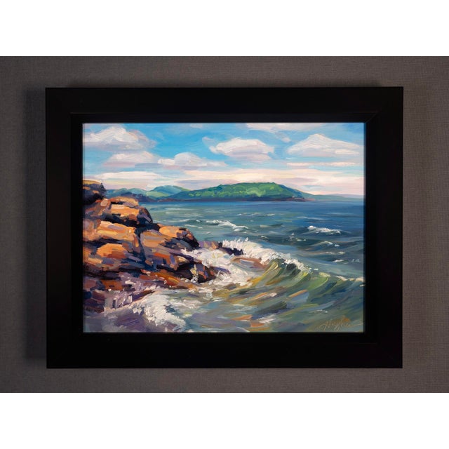 This oil painting captures the vibrant shoreline of Presque Isle, showcasing dynamic waves crashing against rugged rocks...