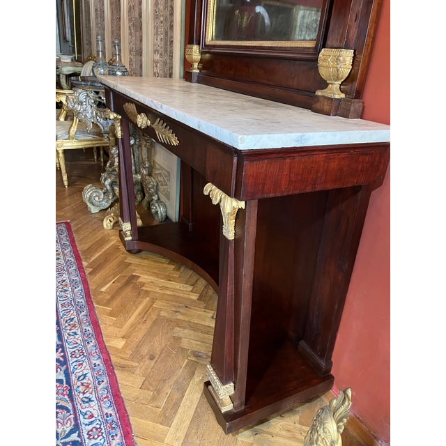 Italian Empire Mahogany and Parcel Gilt Console with Mirror and Carrara Marble Top For Sale - Image 15 of 18