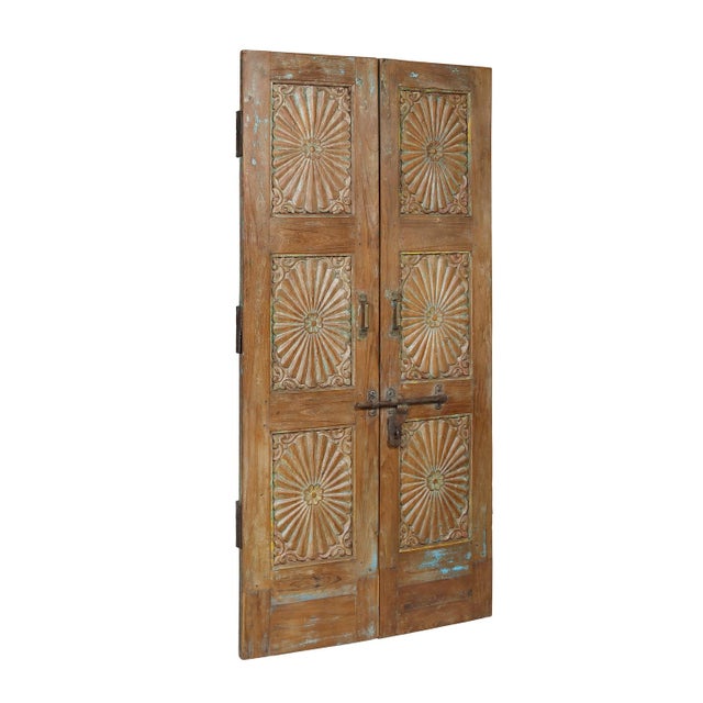 Antique Indian Sunburst Carved Teakwood Door, Late 19th C. For Sale - Image 4 of 6